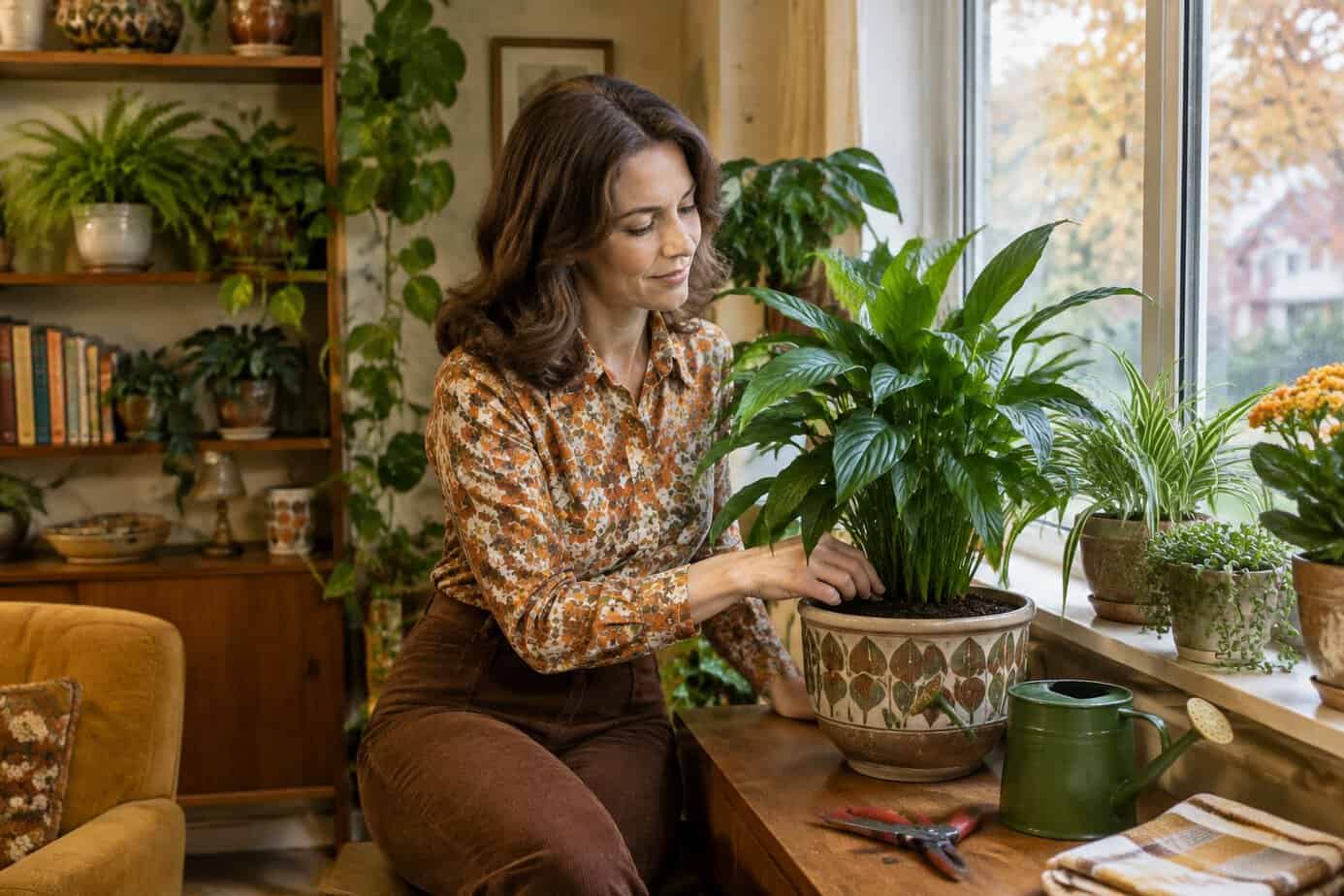 A woman checks the soil of a houseplant beside a bright window.