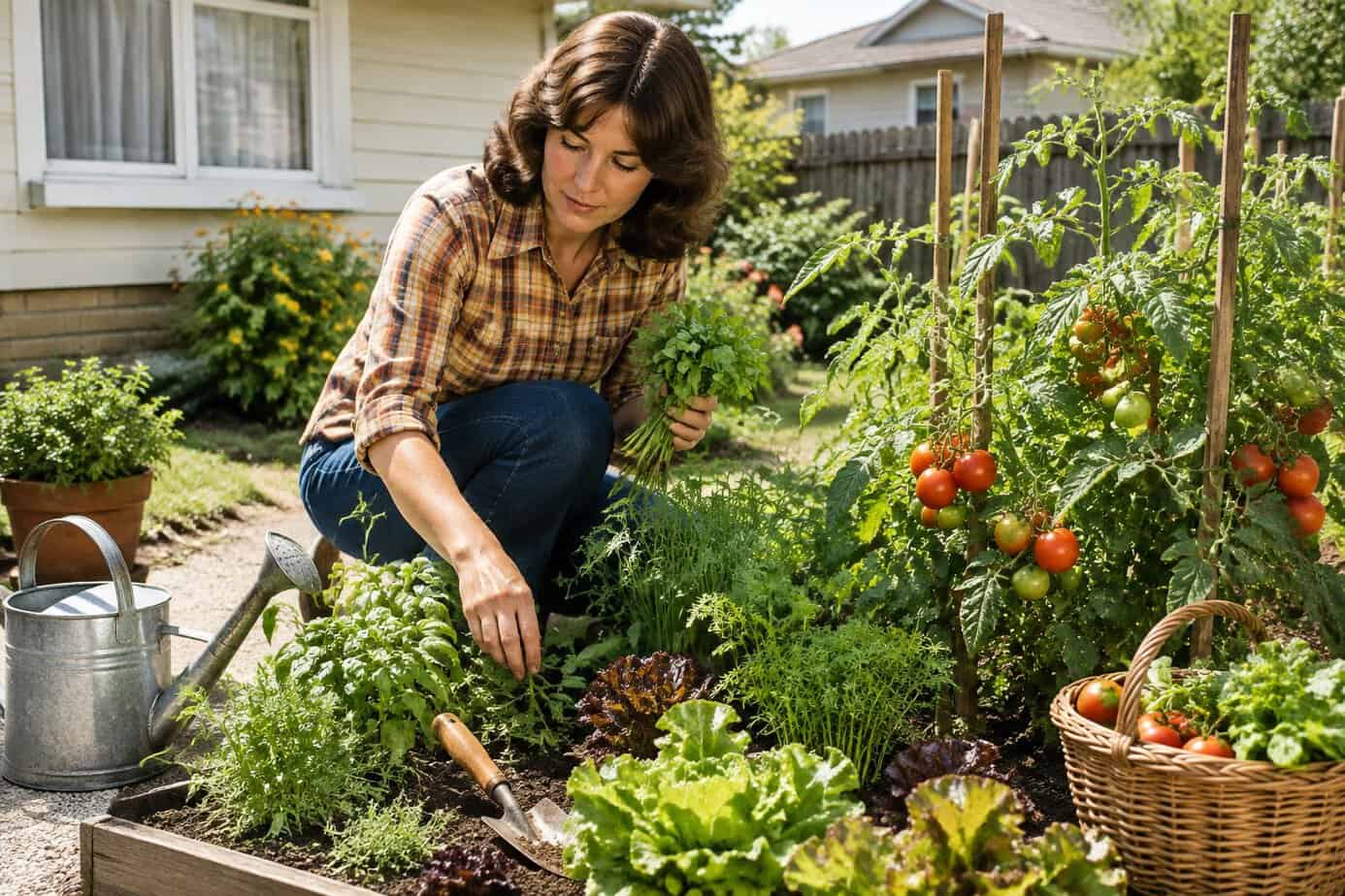 A woman harvests tomatoes and herbs from a small home garden.