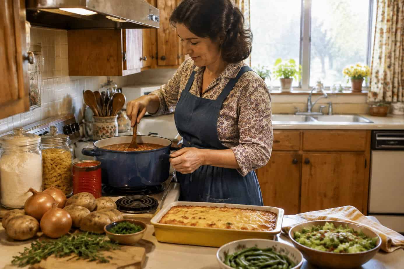 A woman cooks a meal on the stove with pantry staples arranged on the counter.