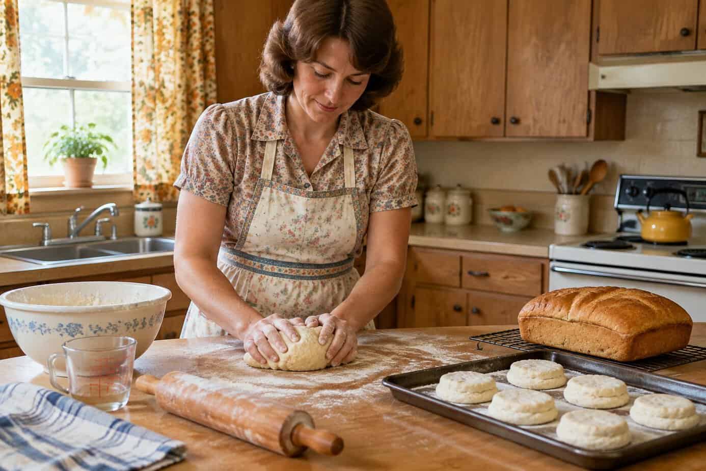 A woman kneads bread dough on a kitchen counter beside homemade biscuits and a loaf of bread.
