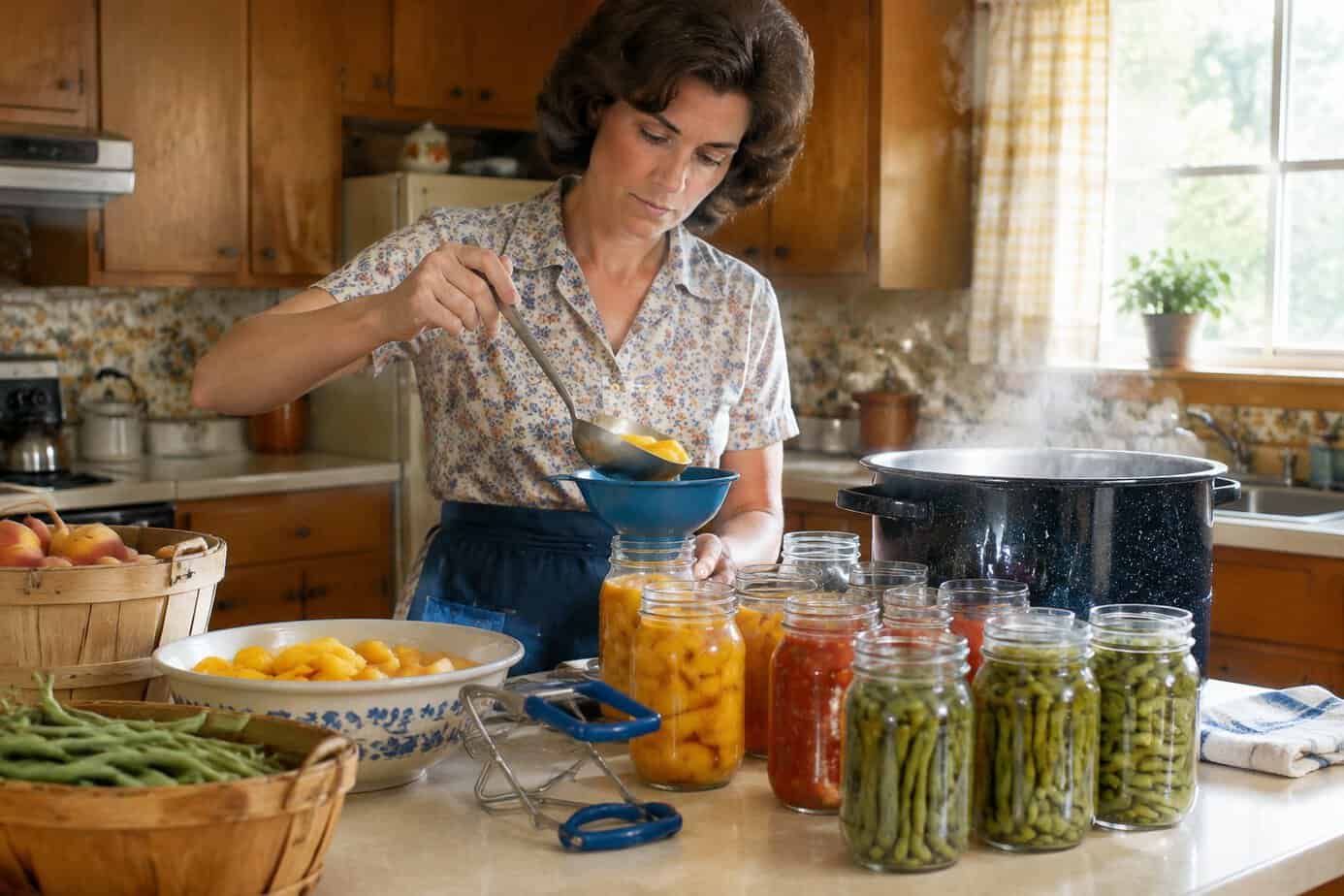 A woman fills glass jars with seasonal fruits and vegetables in a home kitchen.