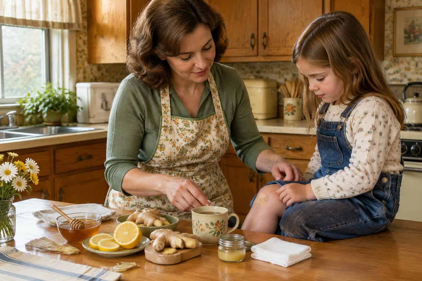 A woman prepares tea and simple remedies while caring for a child with a bandaged knee.