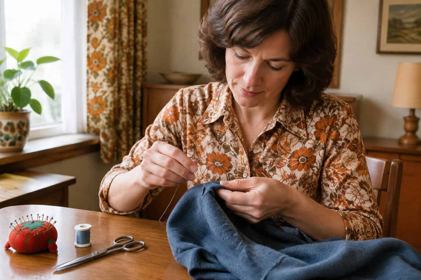 A woman hand-stitches a torn seam at a sewing table.