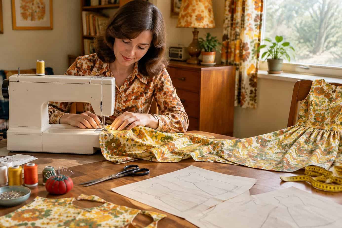A woman sews a floral dress at a sewing machine, with fabric and sewing tools on the table.