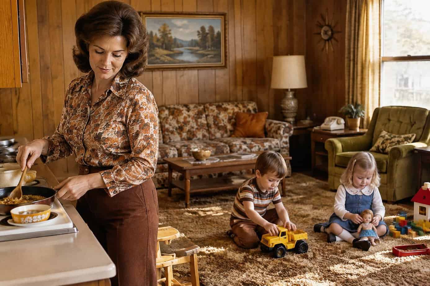 A mother prepares food while her children play in a 1970s living room.