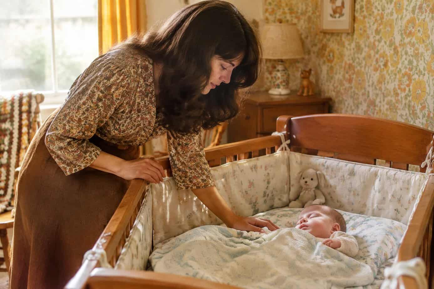 A mother checks on her sleeping baby in a vintage crib with loose bedding and a stuffed toy.