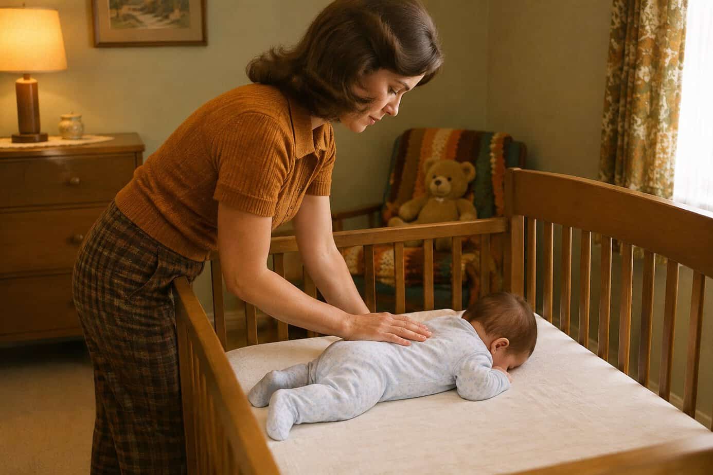 A mother places her baby facedown in a crib.