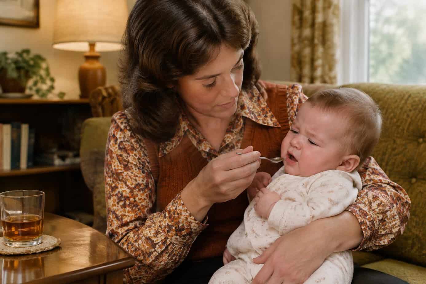 A mother holds her teething baby with a small spoon nearby and a whiskey glass on the table.
