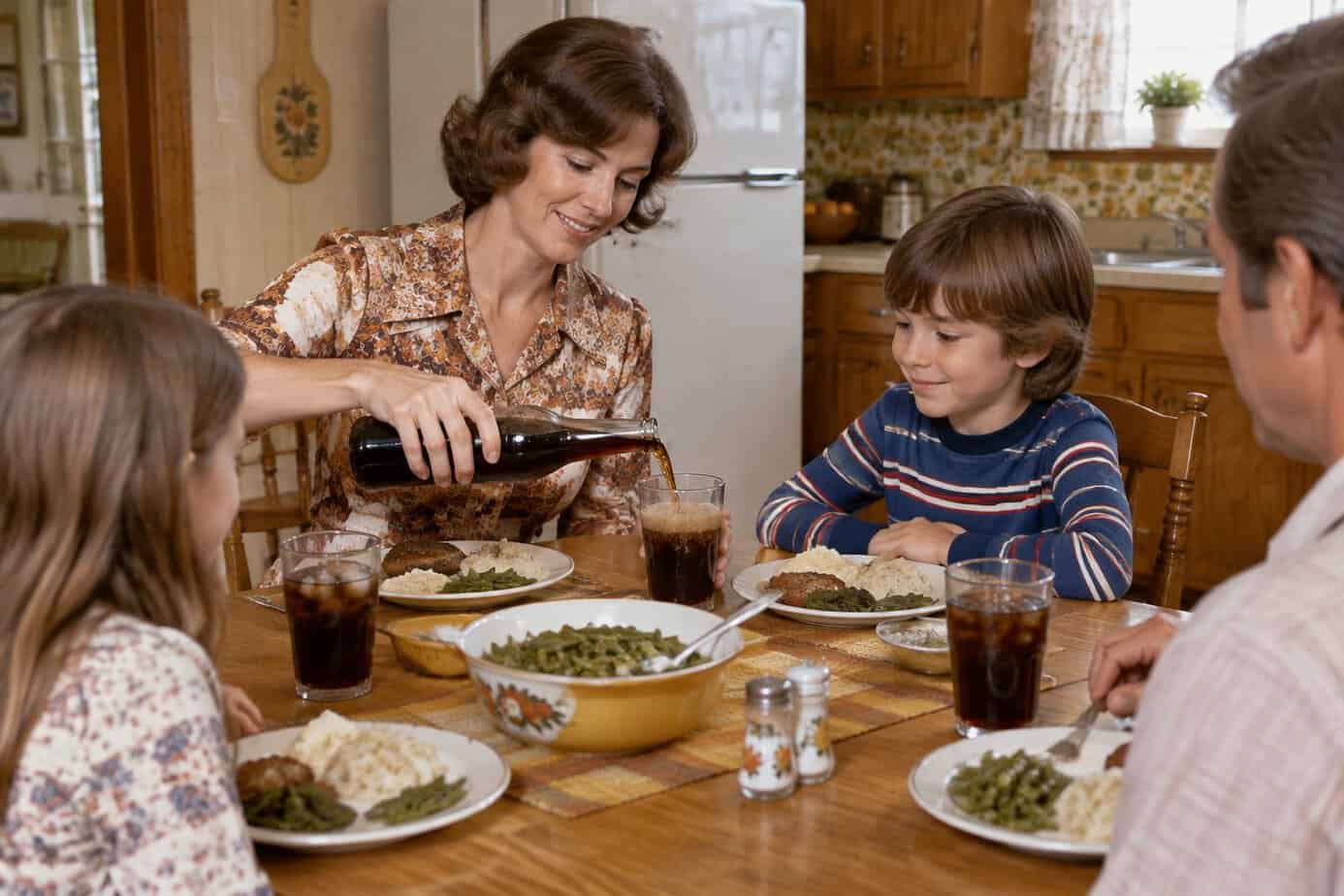 A mother pours soda for her child at a family kitchen table.
