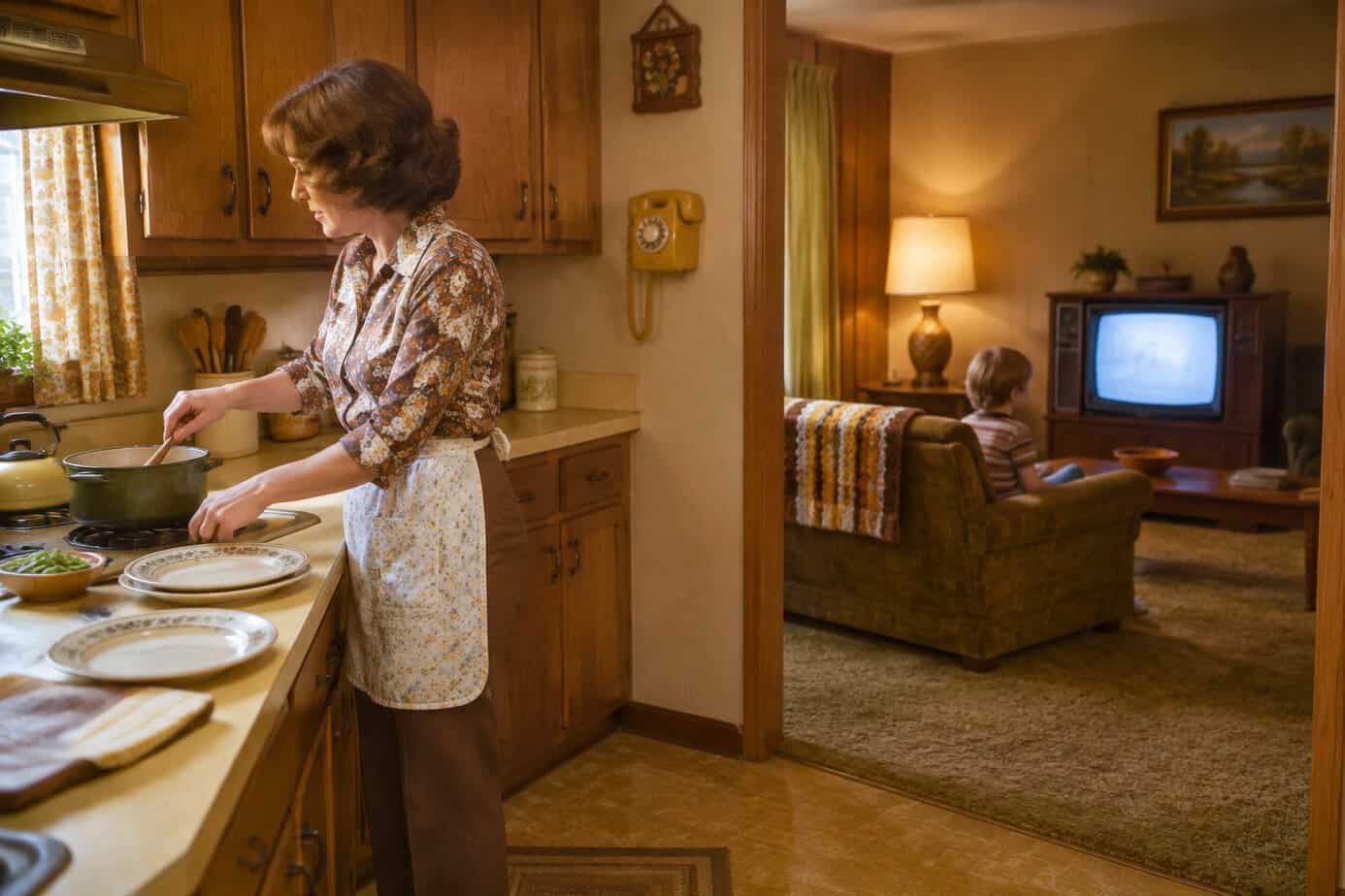 A mother prepares dinner in the kitchen while her child watches television in the next room.