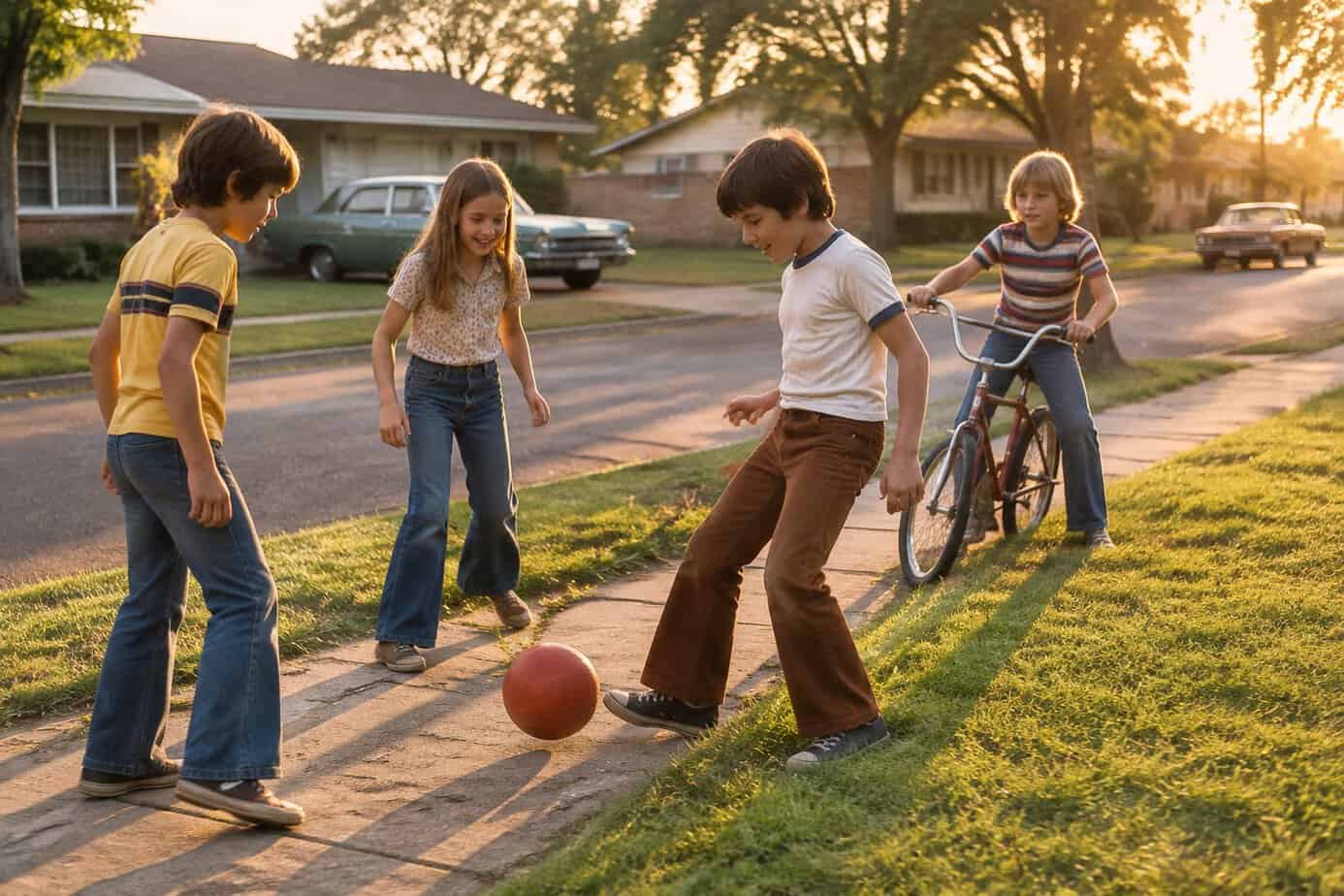 Children play together on a suburban sidewalk in the late afternoon.
