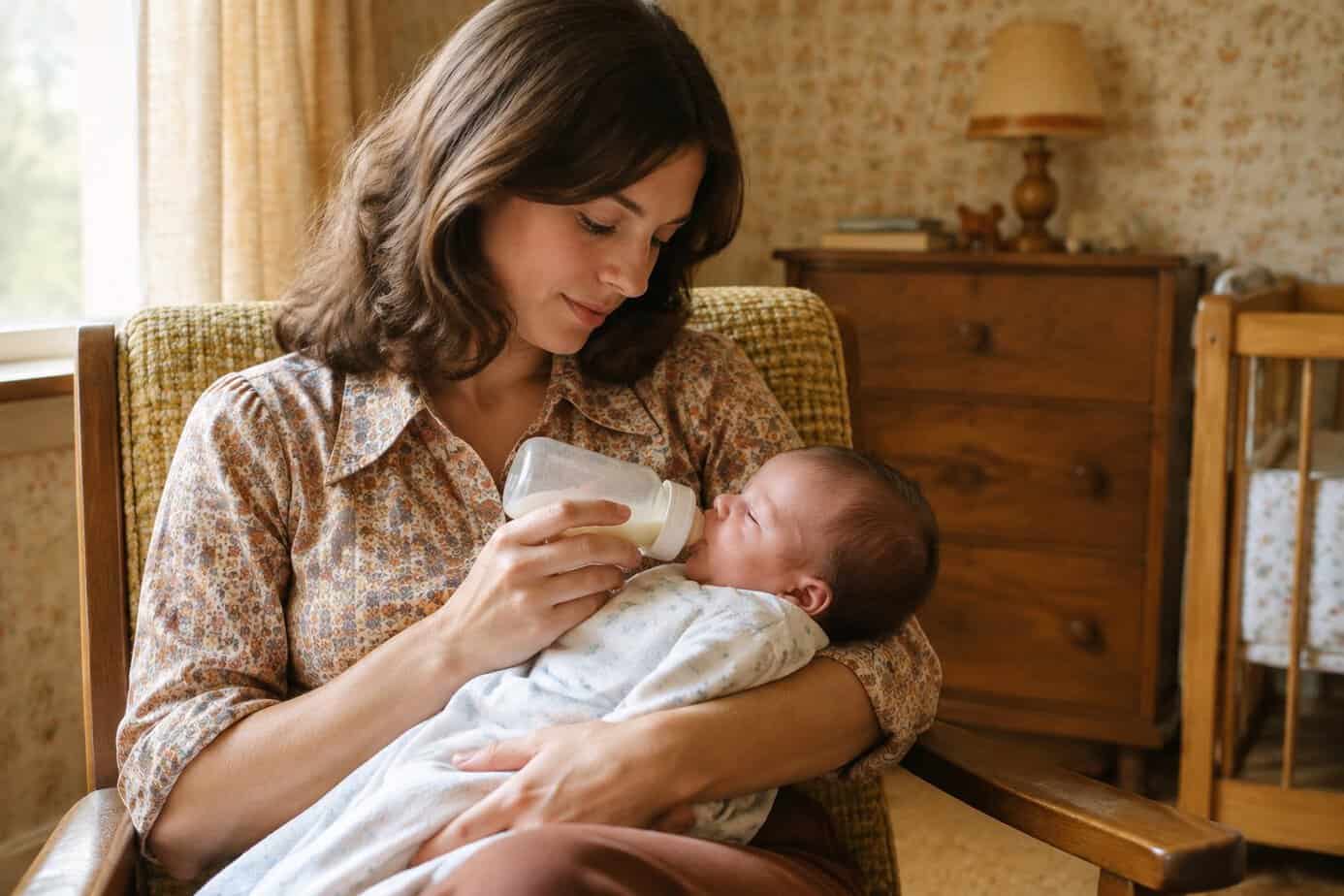 A mother gently bottle-feeds her newborn in a softly furnished home.