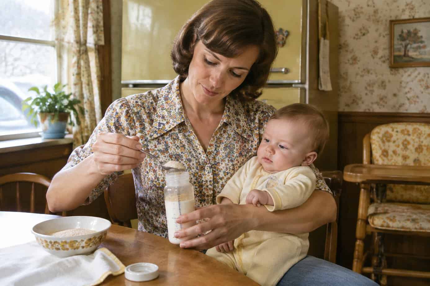 A mother adds cereal to a baby bottle while her baby waits nearby.