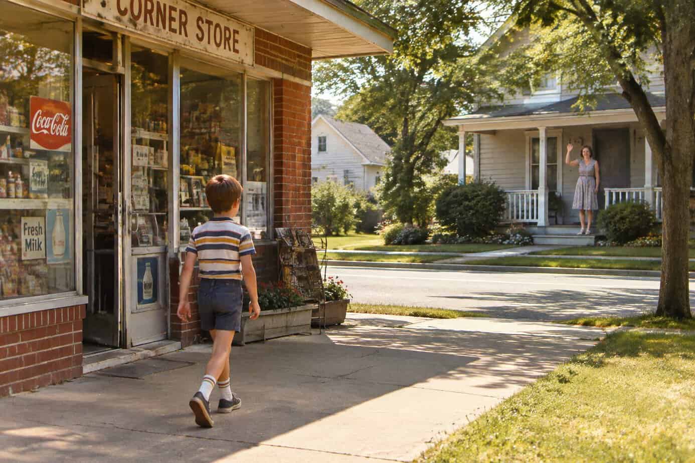 A boy walks into a neighborhood corner store while his mother waves from a porch across the street.