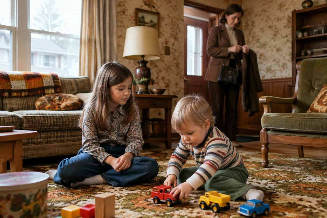 A young child watches over a younger sibling at home as their mother prepares to leave.