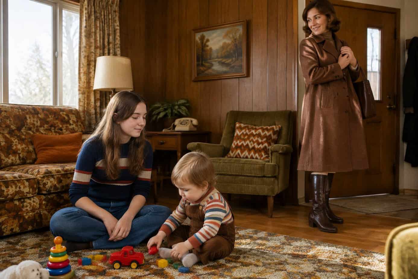 A twelve-year-old babysitter watches a toddler play while the child’s mother prepares to leave.