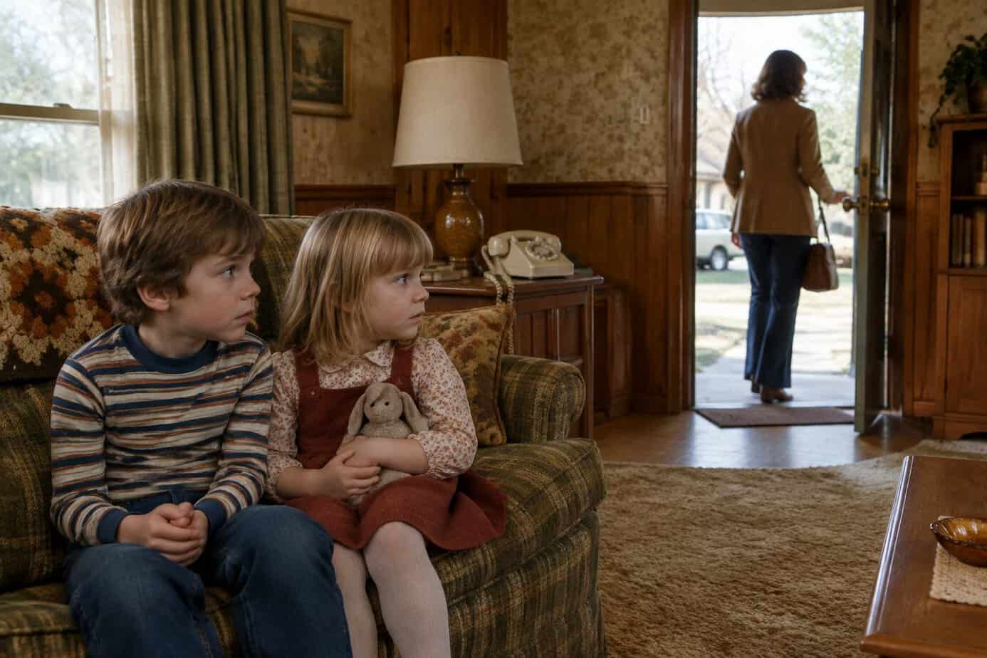 Two young siblings sit together at home as their mother leaves through the front door.
