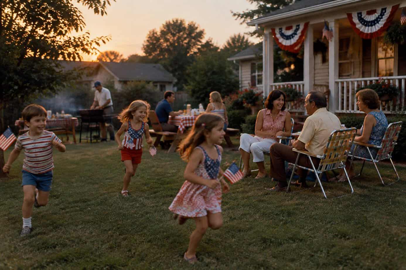 Children run across a backyard at a 1970s Fourth of July cookout while their mother laughs with neighbors.