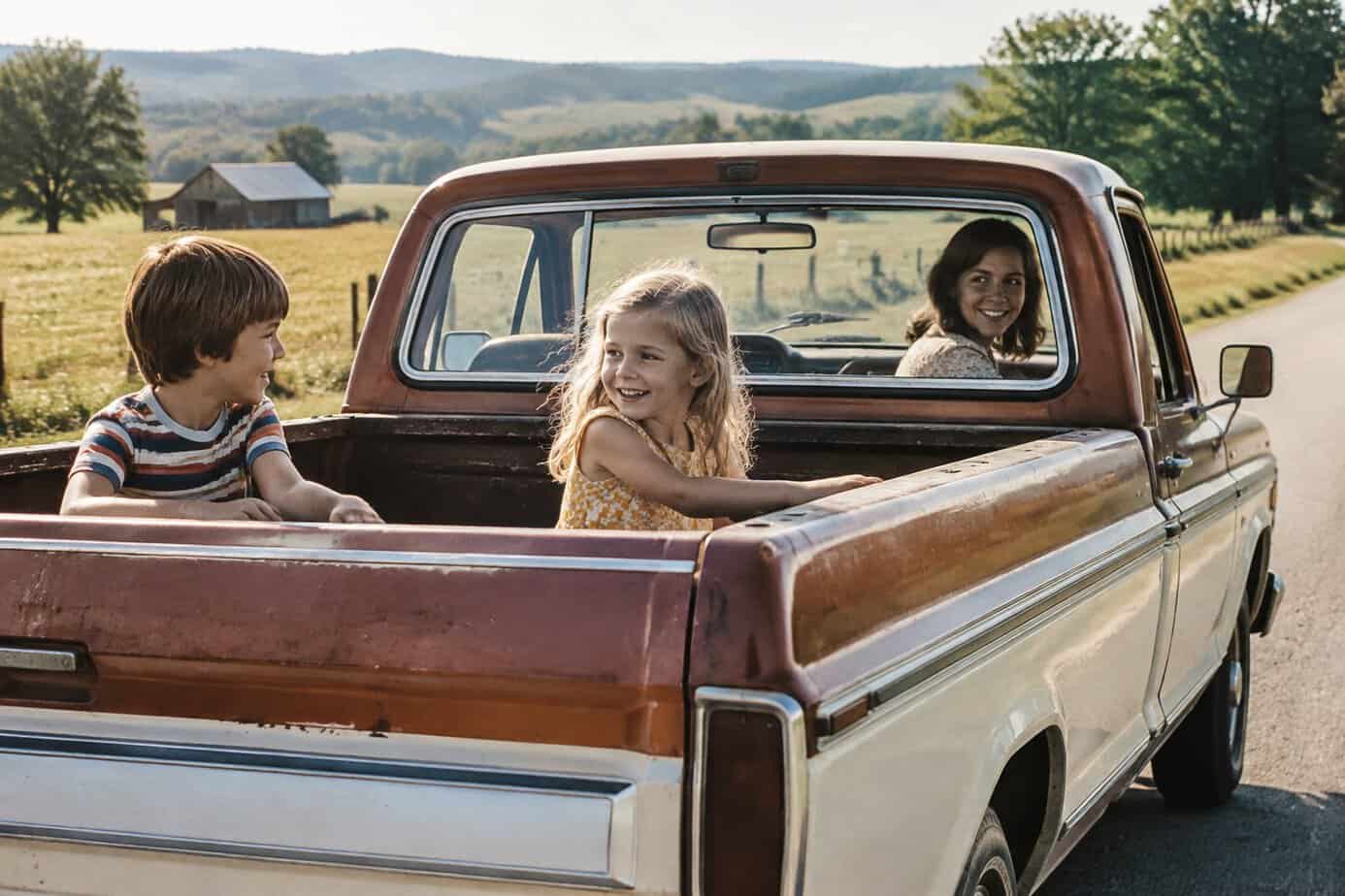 Children ride in the open bed of a pickup truck while their mother sits in the cab.