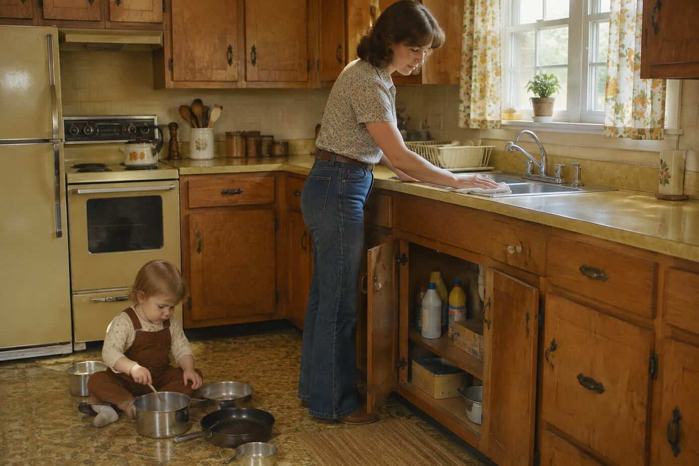 A 1970s mother wipes the kitchen counter while her toddler plays with pots near the open cabinet under the sink.