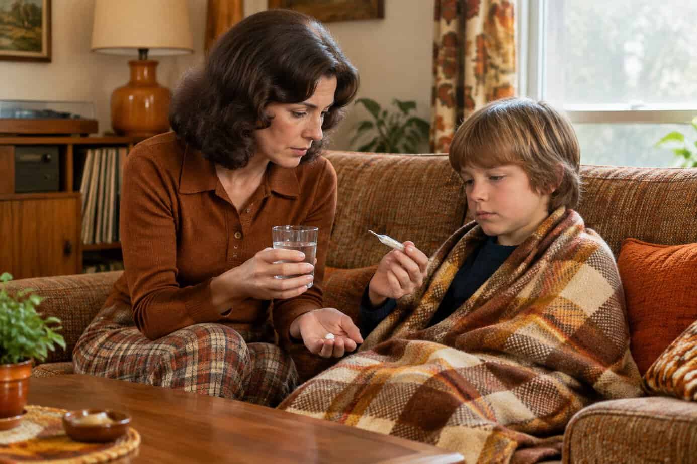A mother offers her feverish child a tablet and water in a 1970s living room.