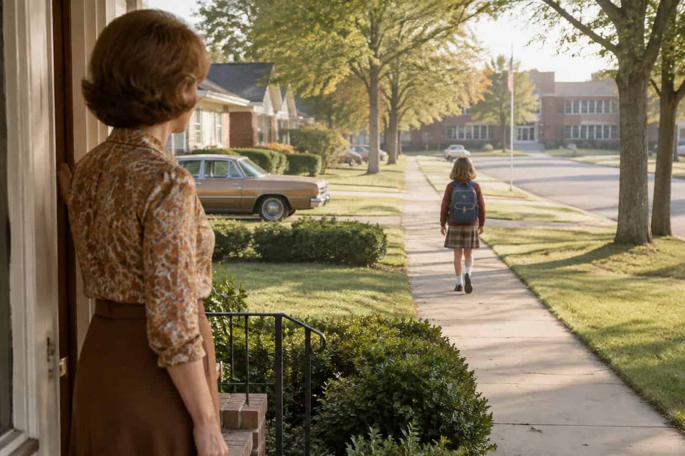 A young child walks toward school while their mother watches from the front of their home.