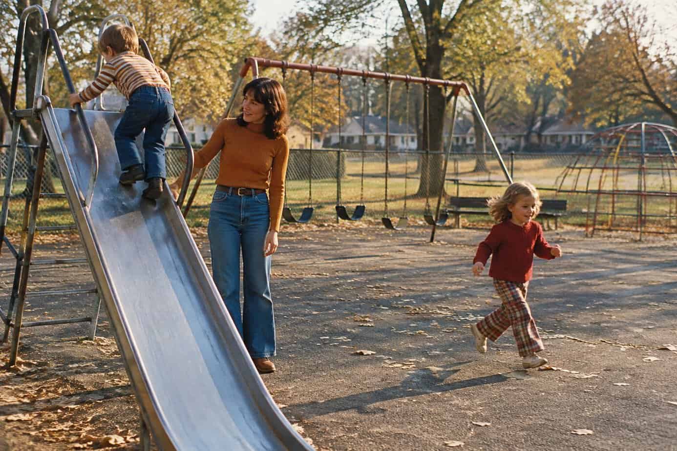 A mother watches her children play on a metal slide and blacktop at a playground.