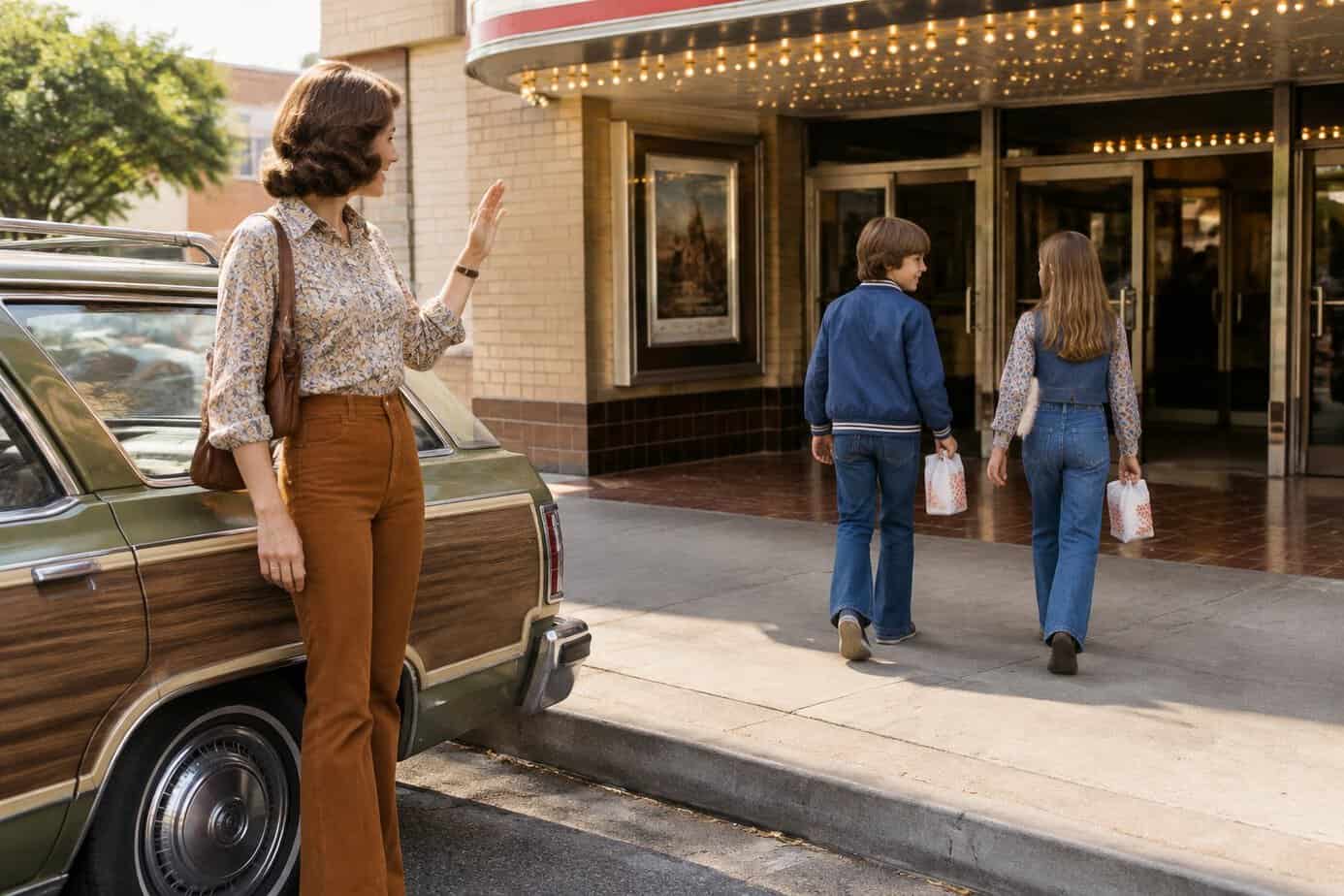 A mother says goodbye as her children walk toward a movie theater.