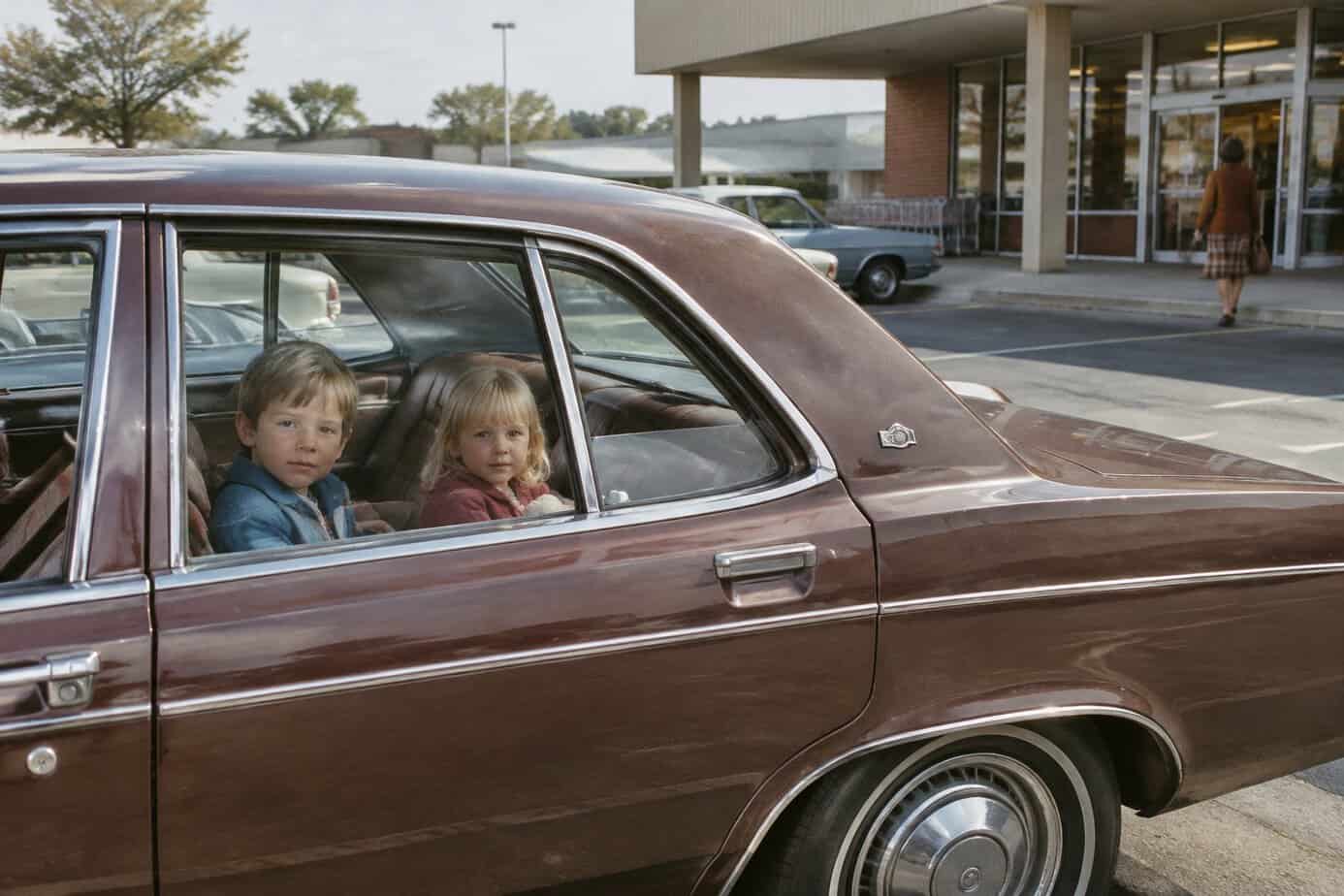 Two children sit in the back seat of a parked car while an adult walks toward a nearby shop.