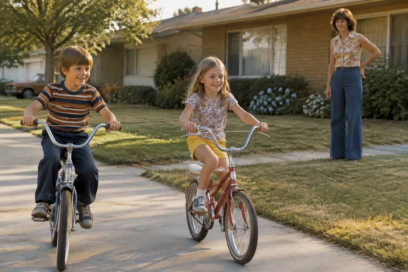 Two children ride bicycles without helmets while their mother watches from a nearby yard.
