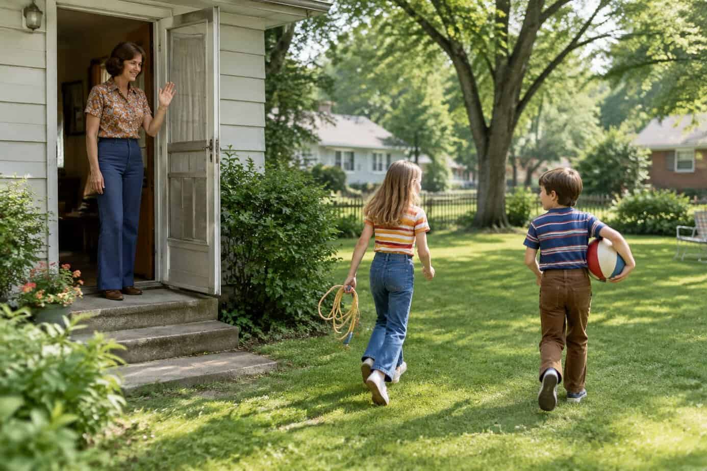 A mother waves as her children go outside to play in the backyard.