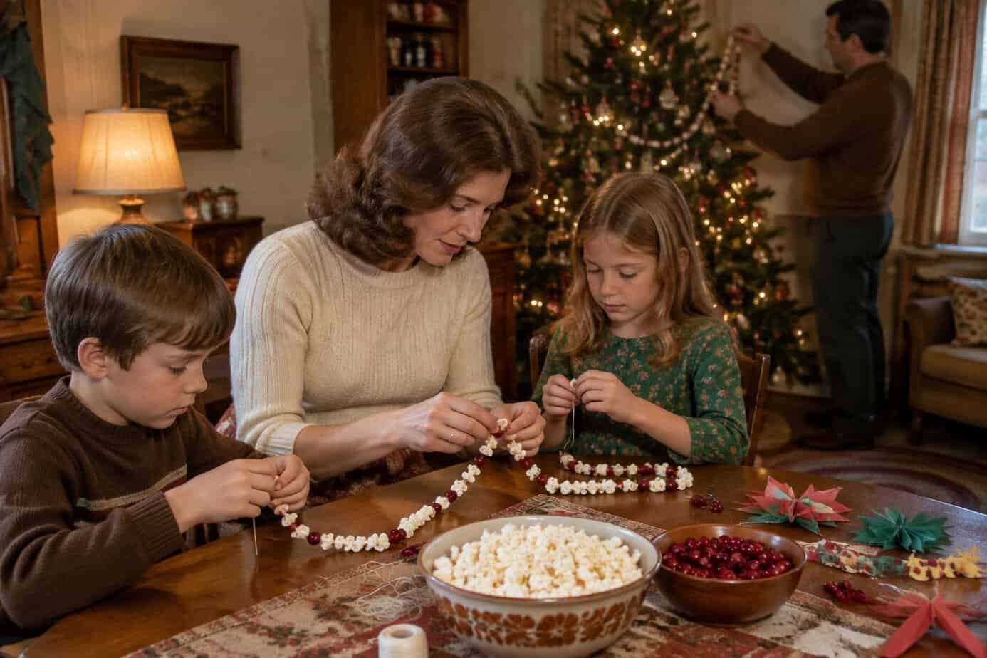 A mother and her children make a popcorn and cranberry garland at a table beside a Christmas tree.
