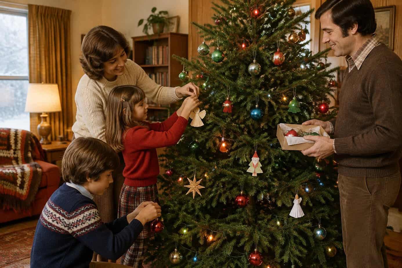 A family decorates a real Christmas tree together in their living room.