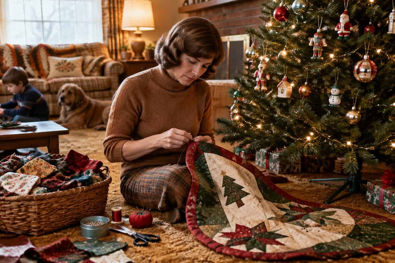 A mother sews a handmade Christmas tree skirt beside a decorated tree.