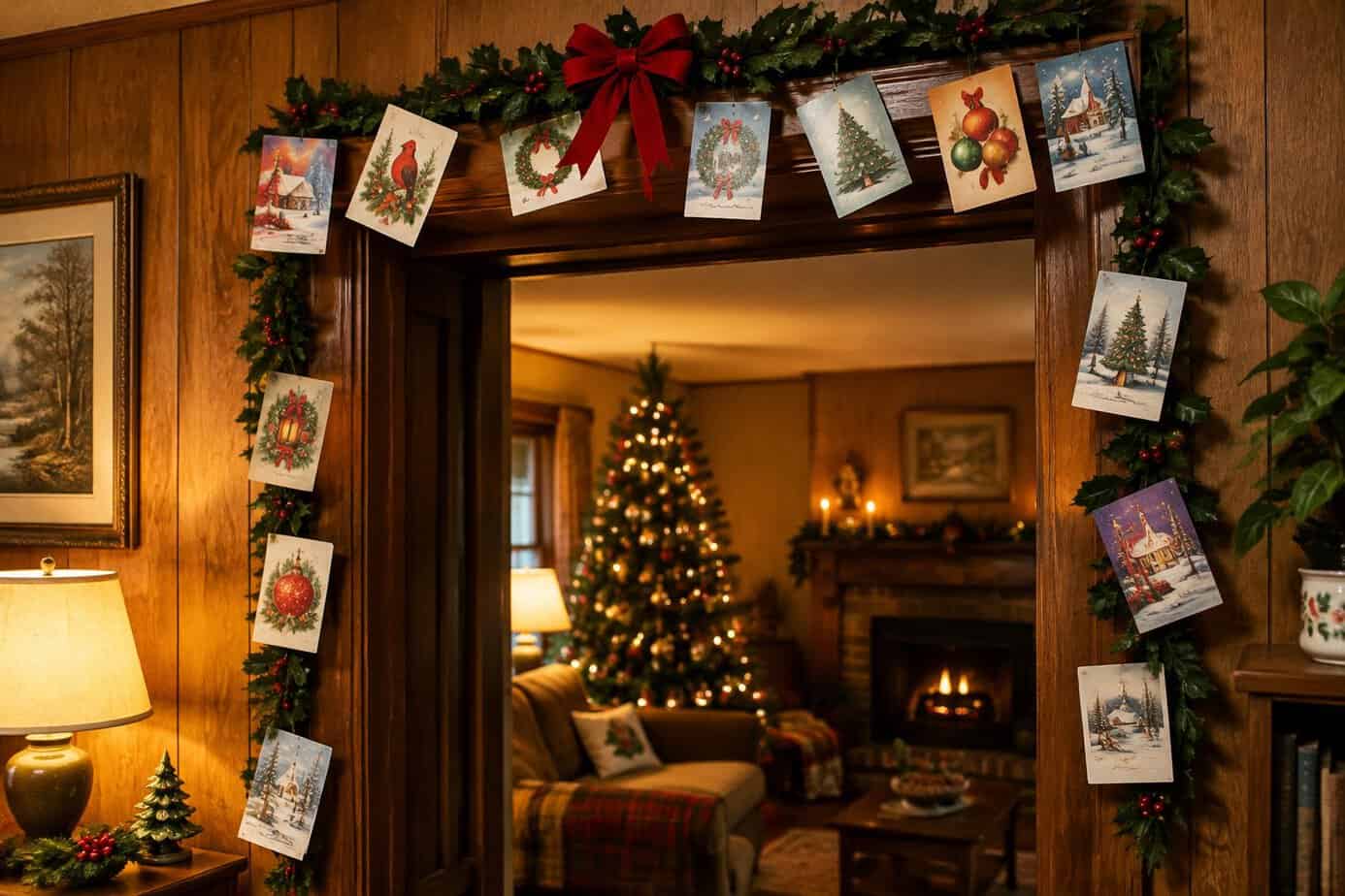 Christmas cards are displayed along a decorated doorway in a cozy home.