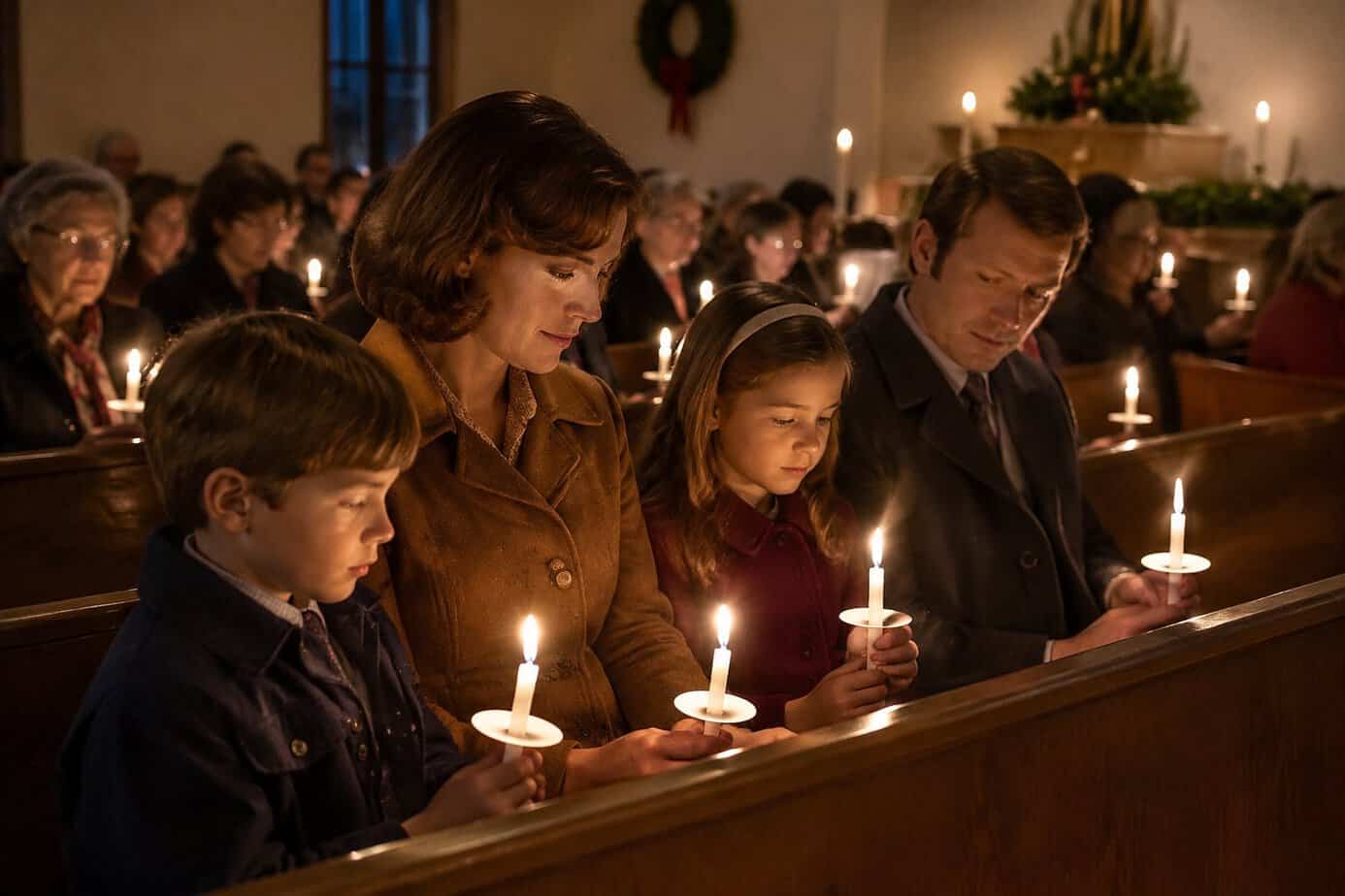 A mother and her family hold candles during a Christmas Eve church service.