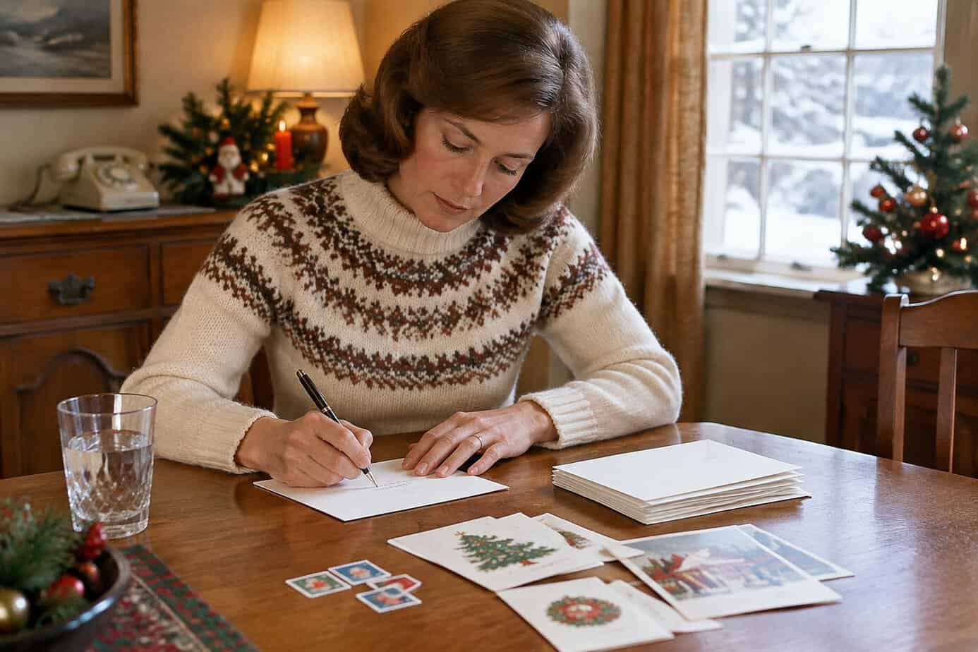 A woman writes on an envelope at a table decorated with Christmas cards.
