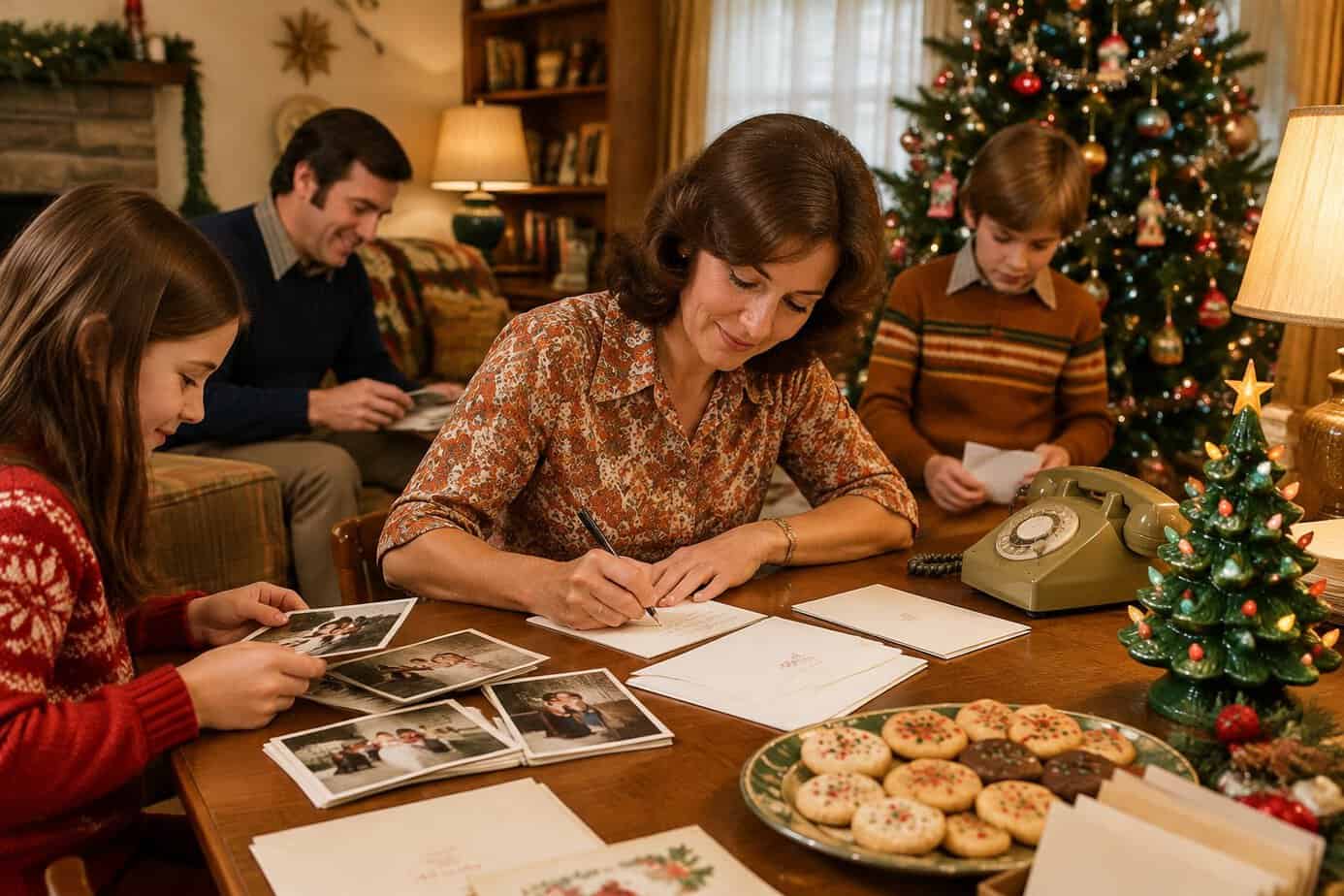 A mother writes a Christmas letter as her family gathers around a table in a decorated living room.