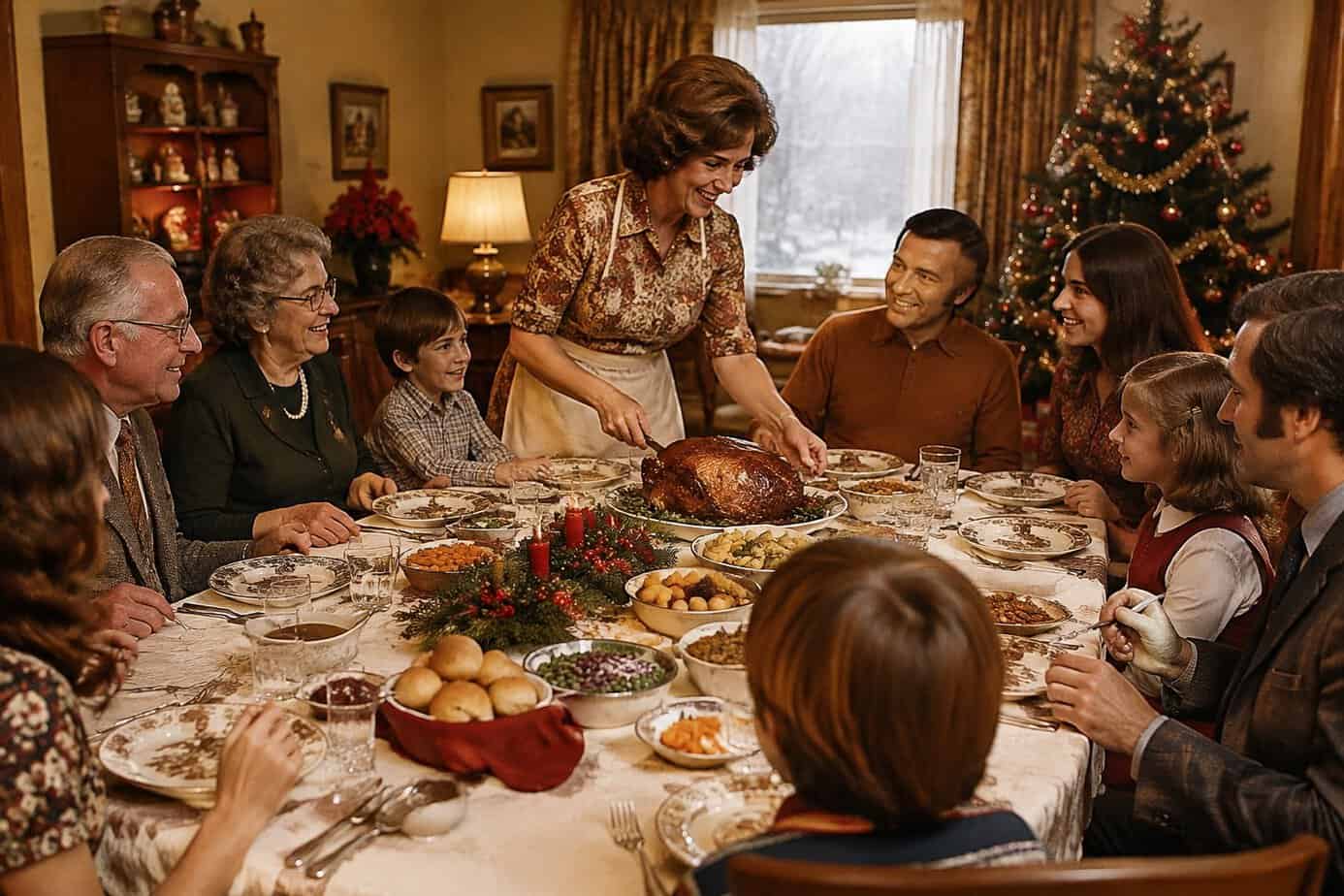 A mother serves Christmas dinner to her extended family gathered around a dining table.