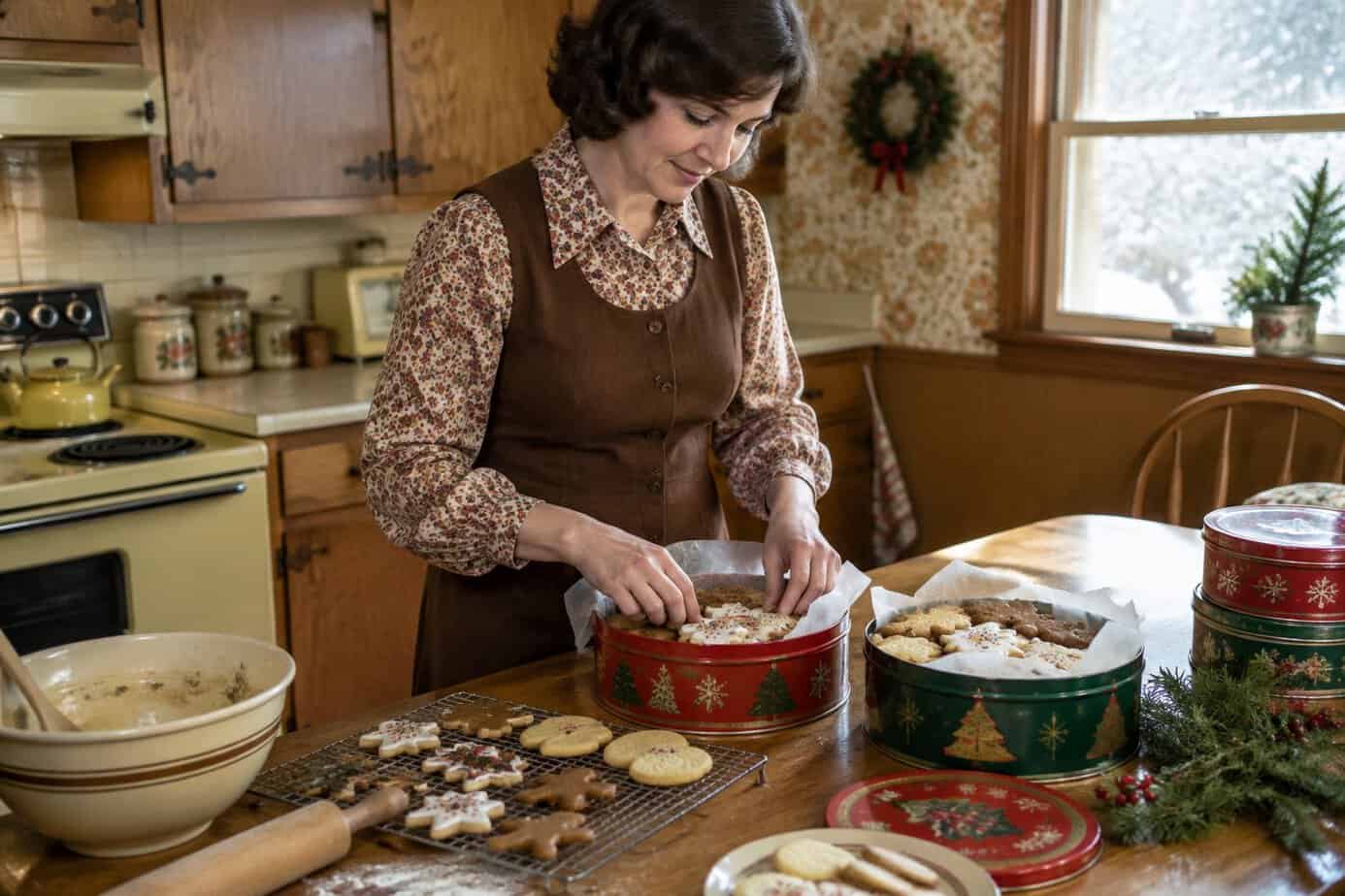A woman packs homemade Christmas cookies into decorative tins in a kitchen.