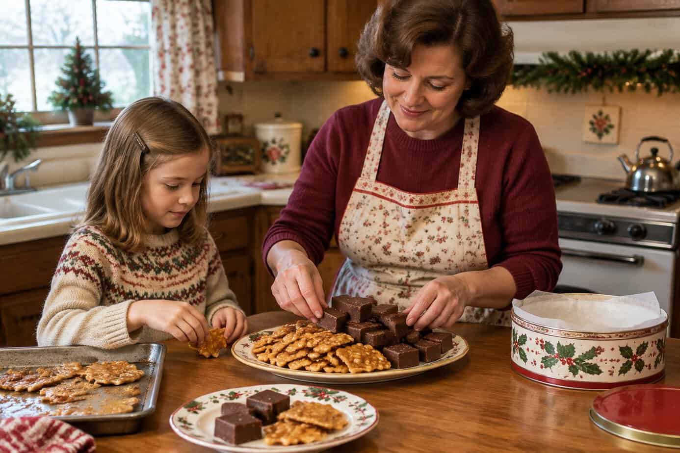 A mother and child arrange homemade fudge and peanut brittle in a Christmas kitchen.