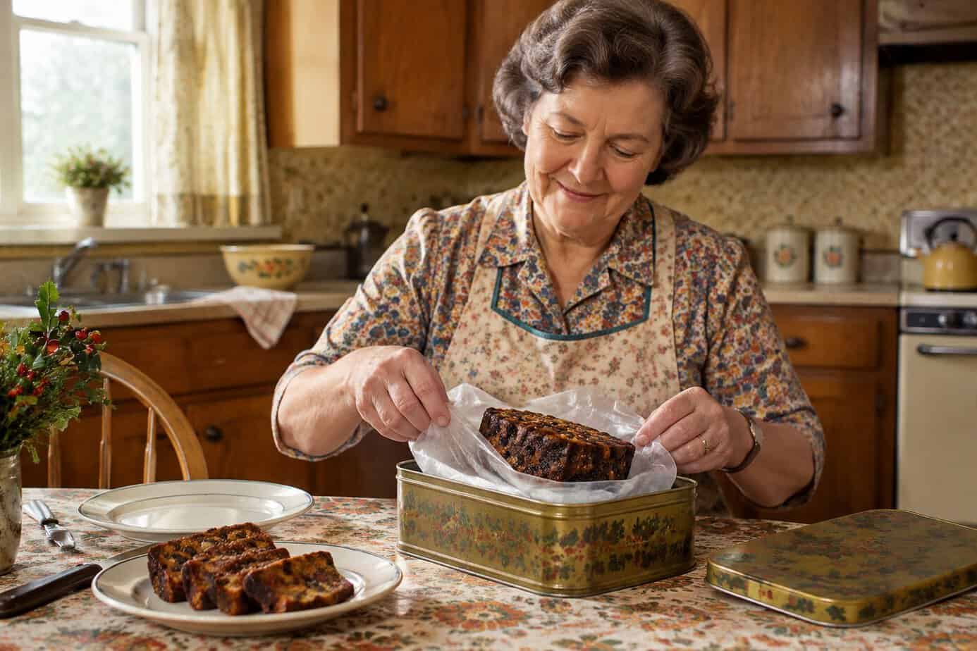 A mother wraps a fruitcake in her kitchen to save for holiday guests.