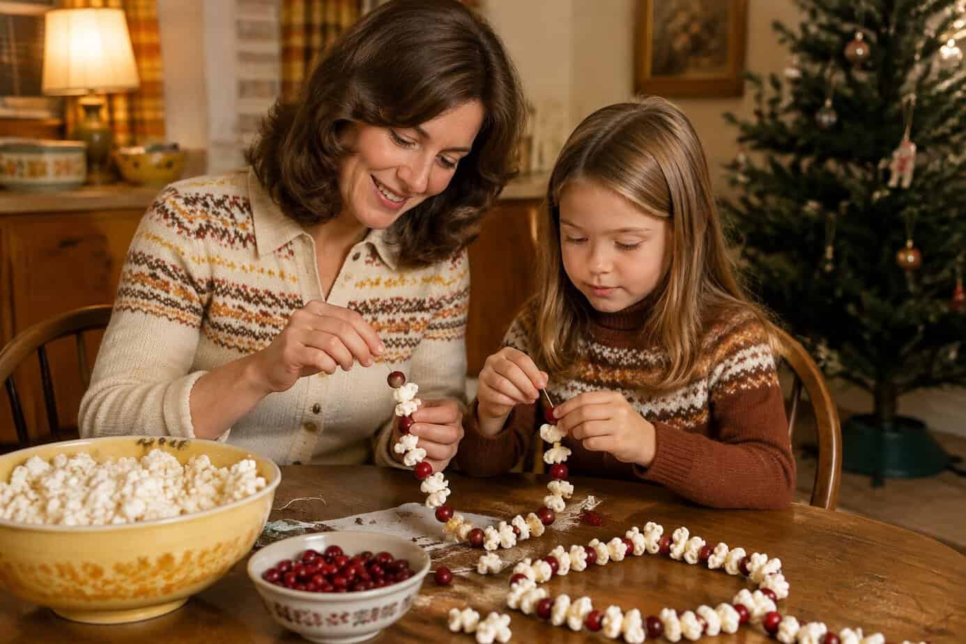 A mother and child thread popcorn and cranberries into a Christmas garland.