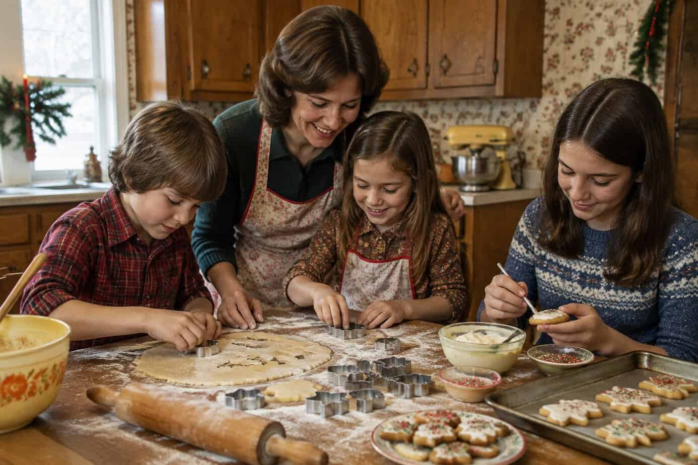 A mother, children, and a cousin make and decorate Christmas cookies together in a kitchen.