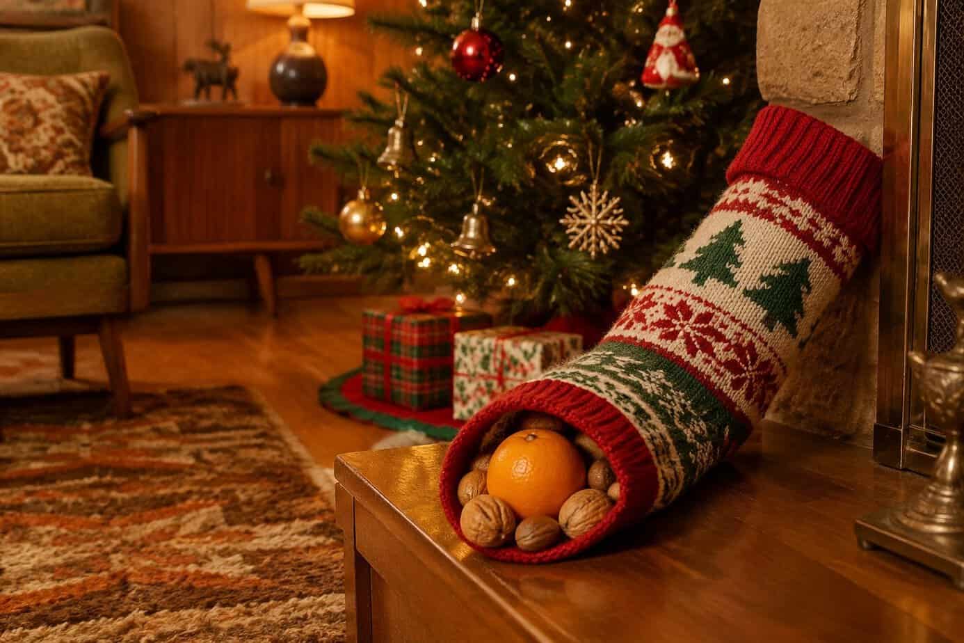 An orange and a handful of nuts sit in the toe of a Christmas stocking.