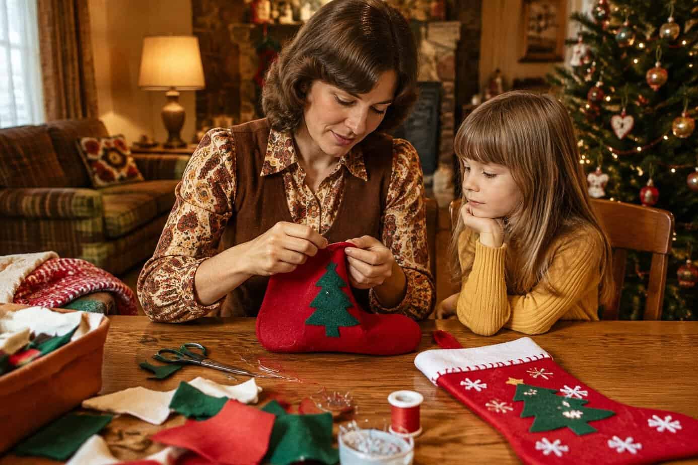 A mother sews a handmade Christmas stocking while a child watches.