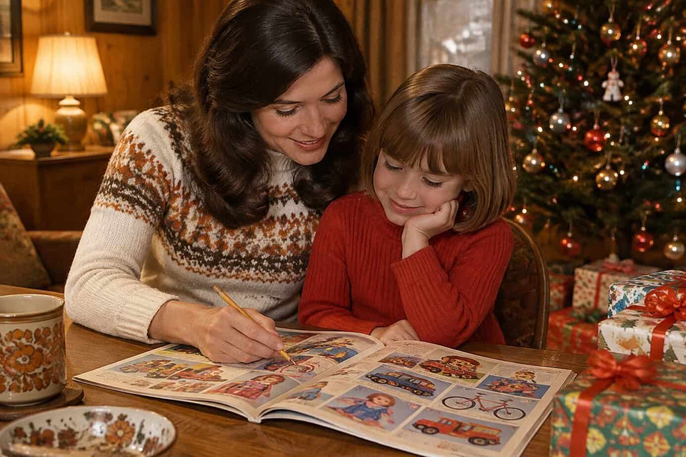 A mother and child circle gifts in a catalog at a table beside a Christmas tree.