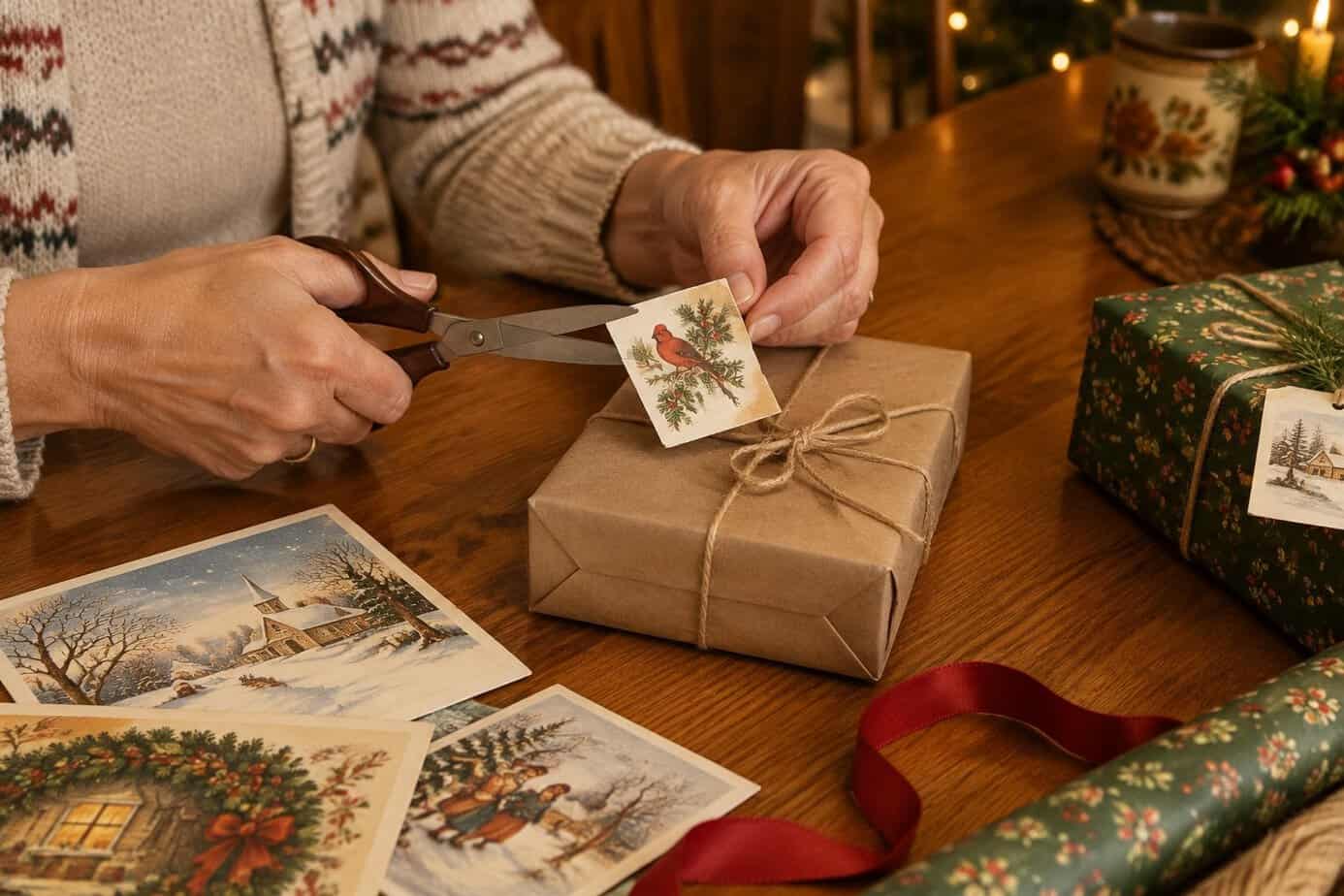 A woman cuts a picture from an old Christmas card to use as a gift tag.
