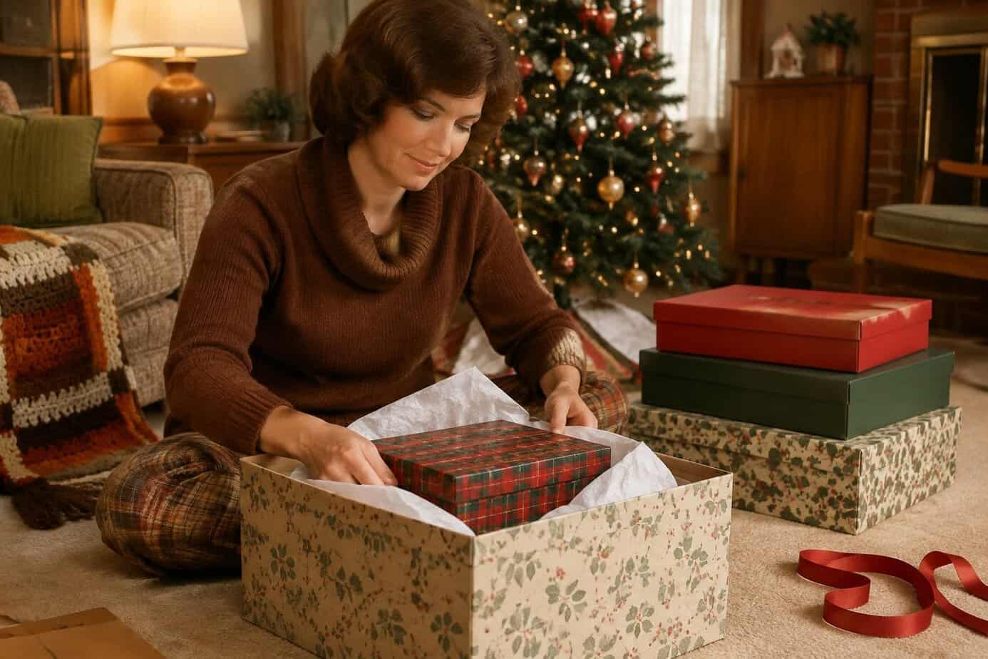 A mother carefully packs away a Christmas gift box beside a decorated tree.