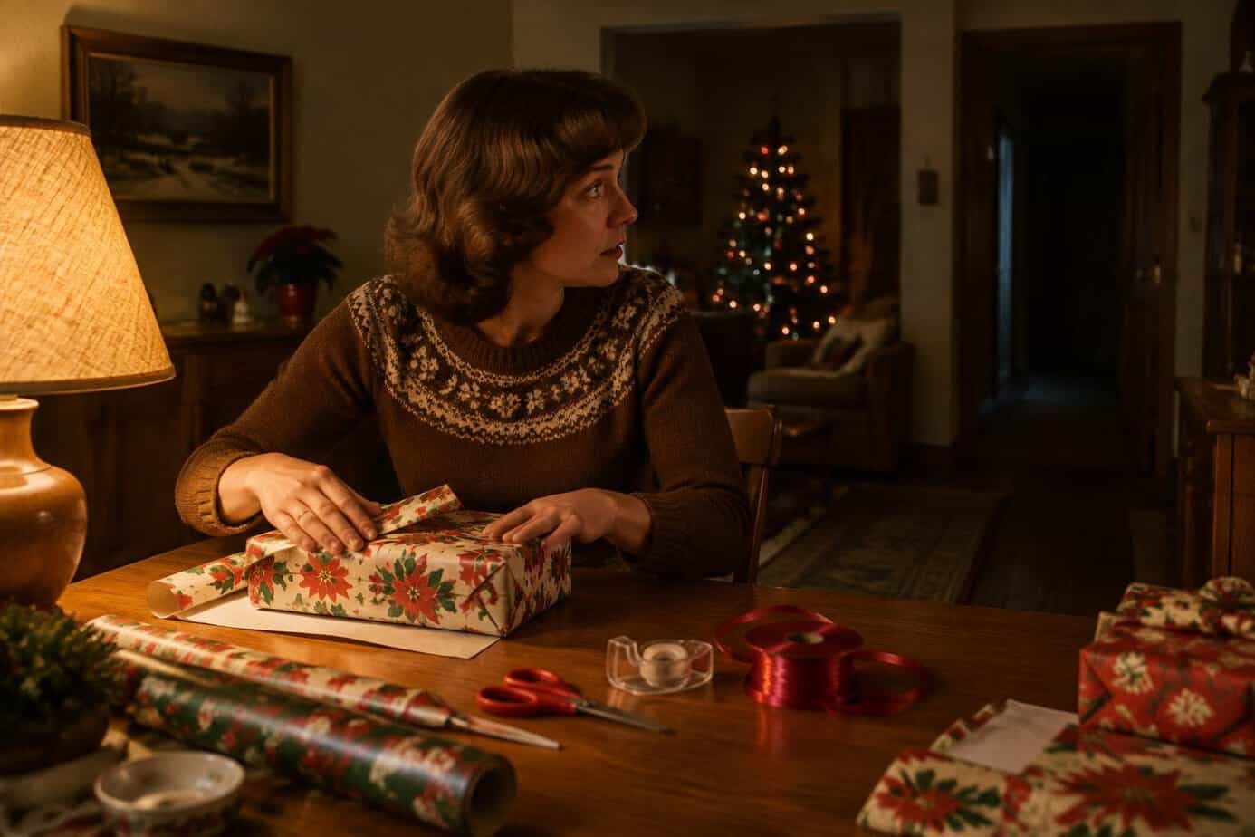 A mother quietly wraps Christmas presents at a table after her children have gone to bed.